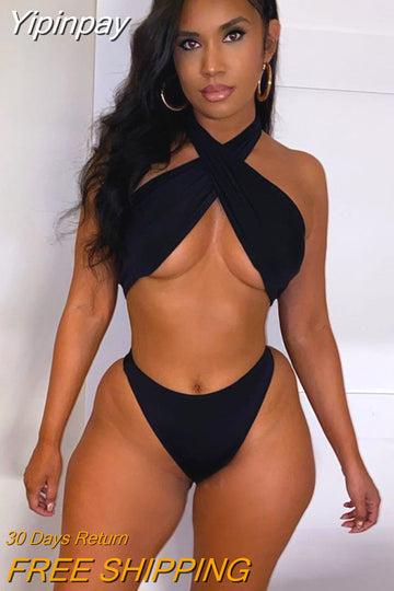 Yipinpay 2 Piece Set Bikini Suit Women Summer Halter Crop Tops And High Waist Bikini Thong 2023 Femme Sexy Beach Party Swimsuit